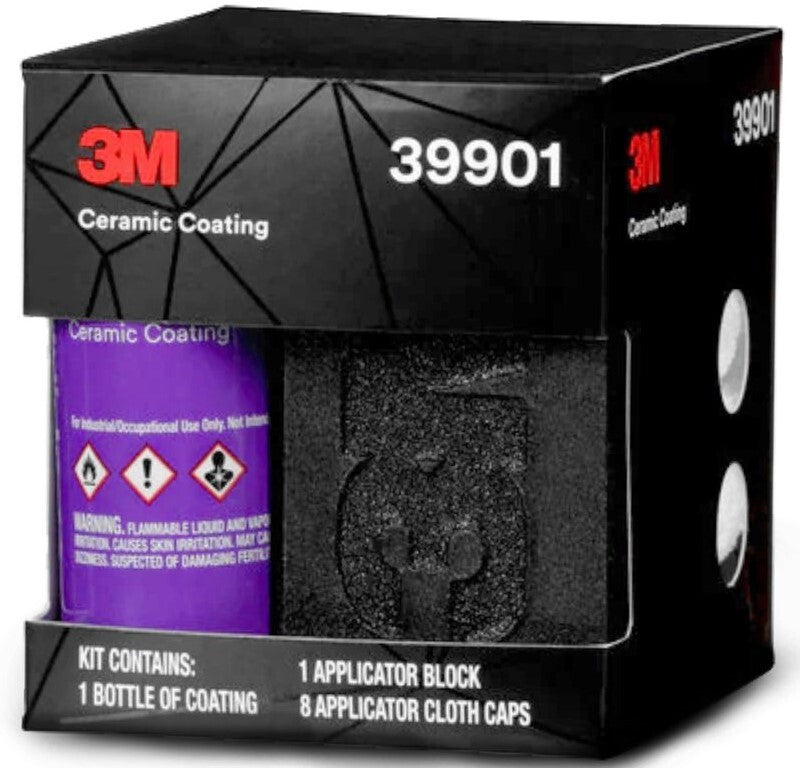 3M Ceramic Coating, kit contains 1 bottle of coating, 1 applicator block, 8 applicator cloth caps, 39901