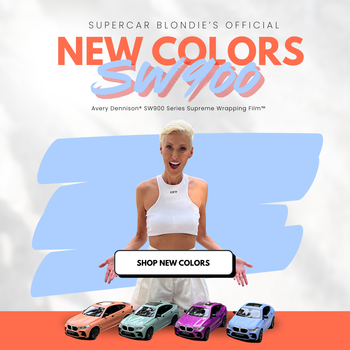 Promotional image for Supercar Blondie's new Avery Dennison SW900 wrapping film with a woman and colorful cars.