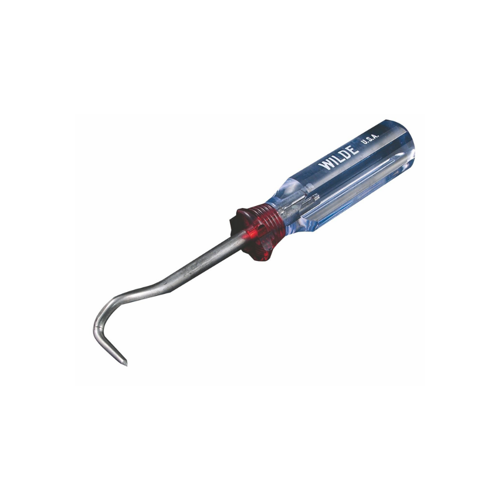 Metal hook tool, with blue and red handle details. Says WILDE U.S.A. on the handle.
