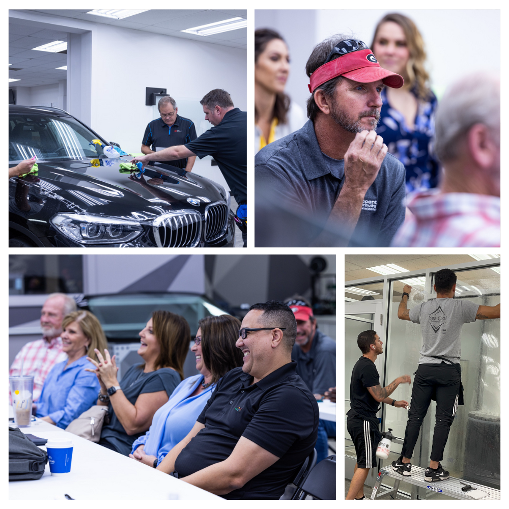 group of male and female professionals learning how to install wrap film on vehicles and commercial windows