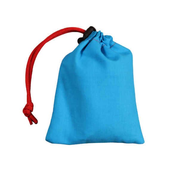 Blue drawstring bag with a red string on a white background