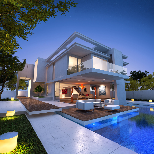 Modern house with pool in the evening, outdoor lights displayed