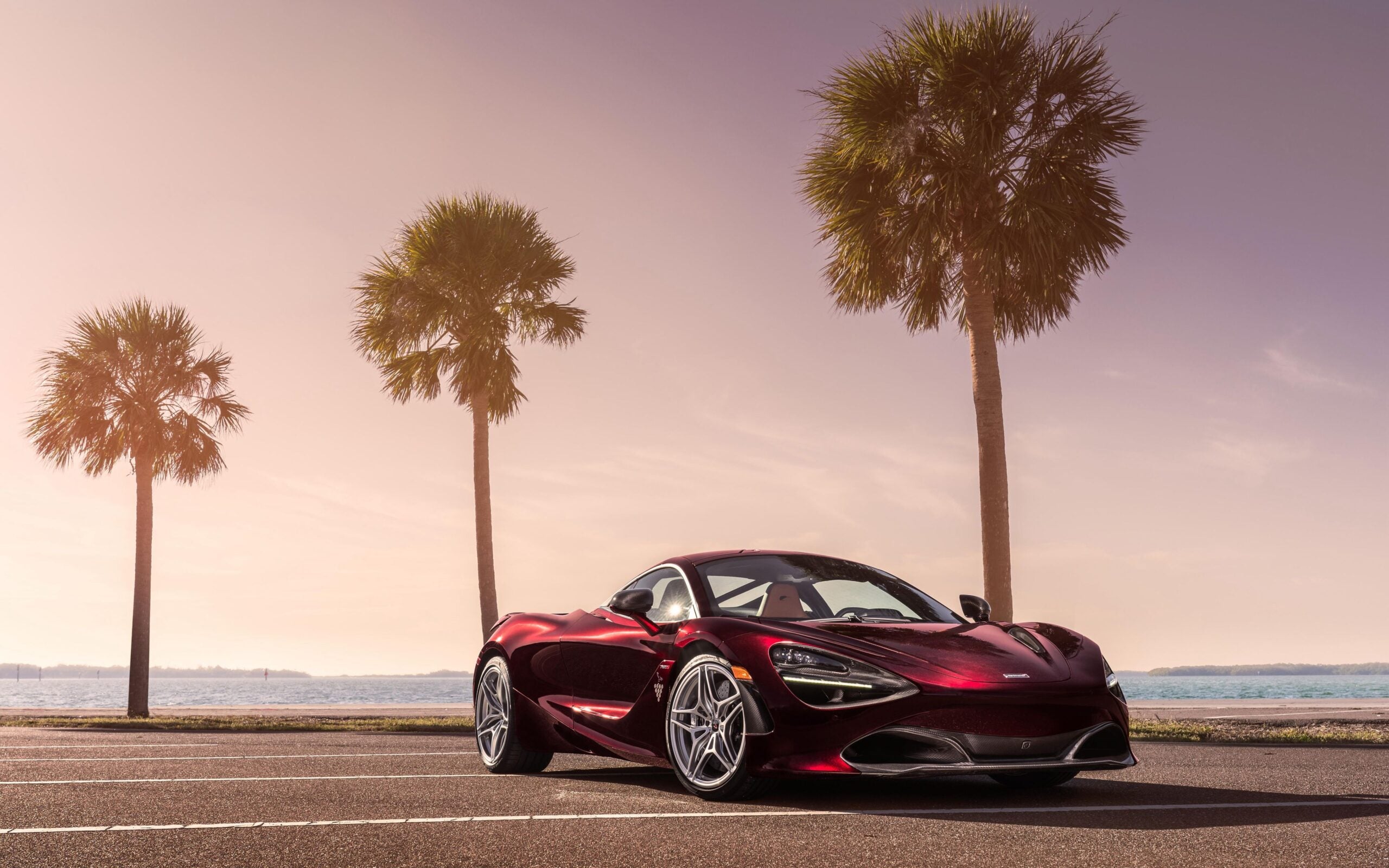 sports car parked by the ocean at sunset