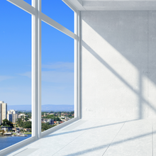 prestige series, white empty space, looking out to water and buildings