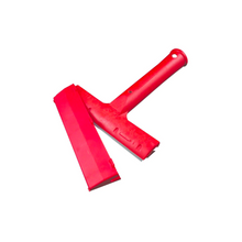 Heavy duty scraper with red blade cover and all red handle.