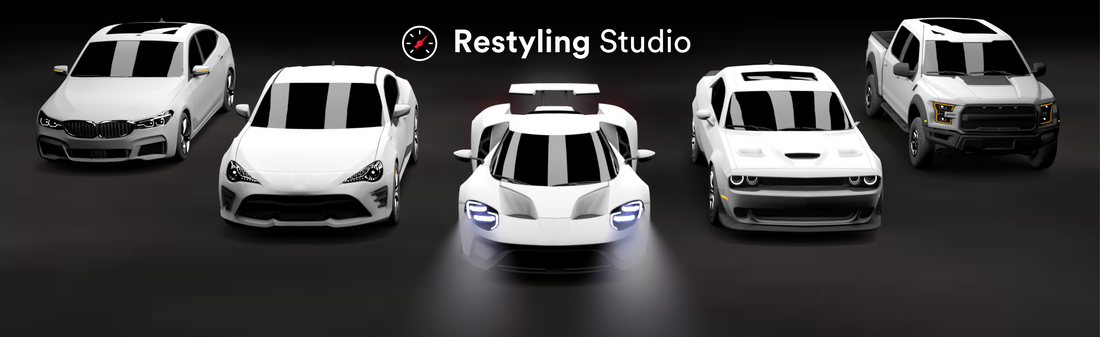 Restyling Studio, 5 vehicles lined up, all different models, all white