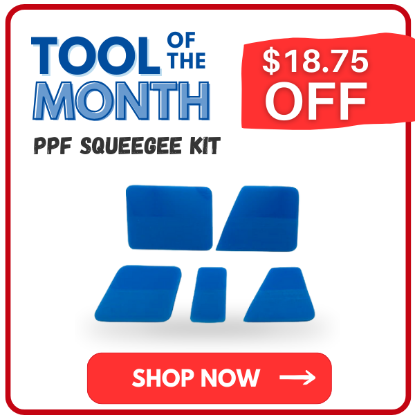 Tool of the month, multiple squeegees, variety of sizes, all blue.