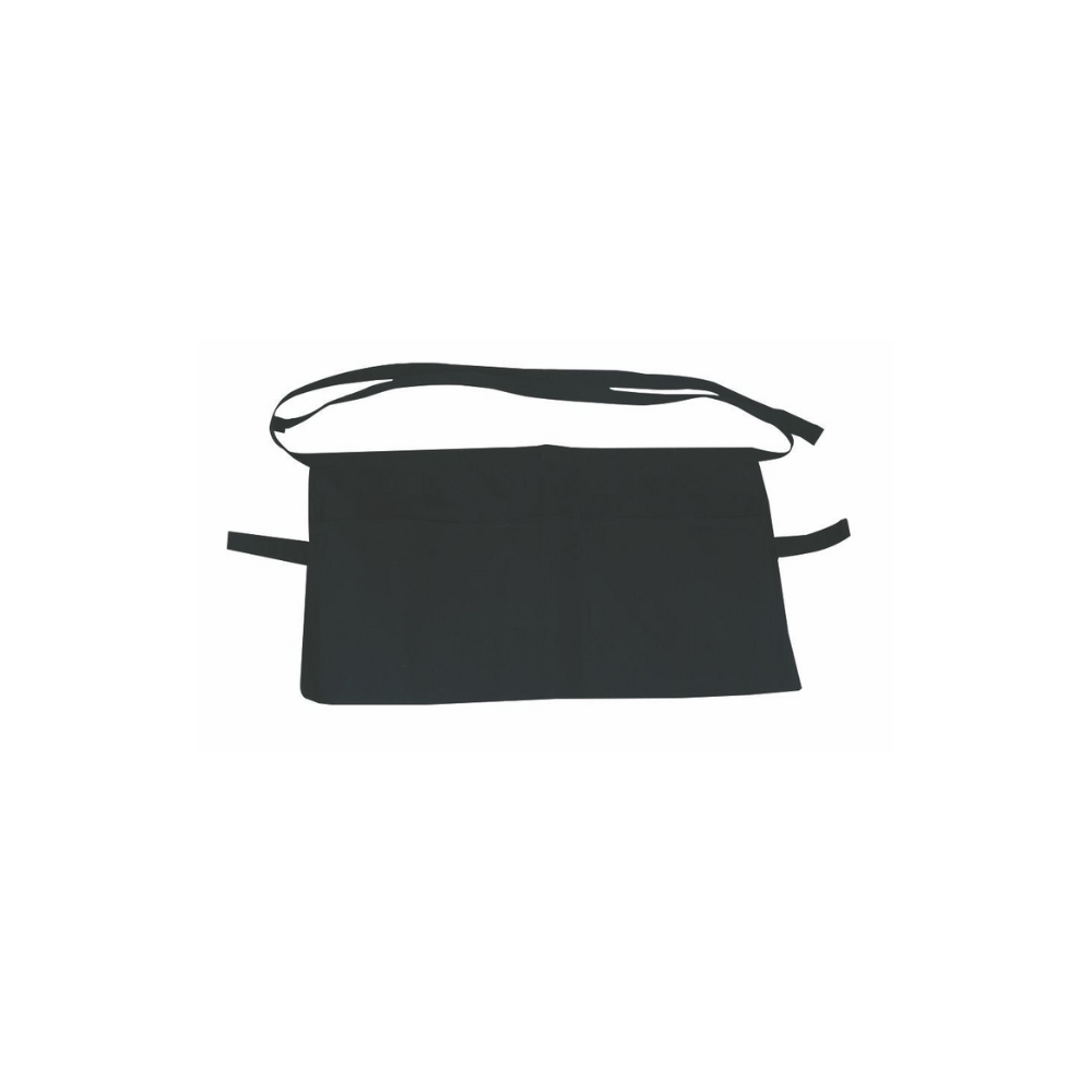 Black waist apron, with black tie strings.