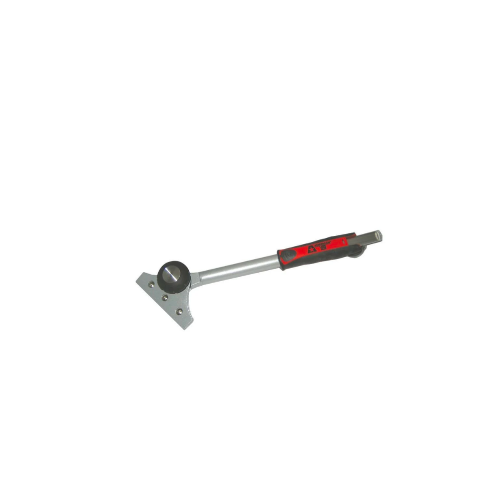 Metal scraper with red and black grip handle.
