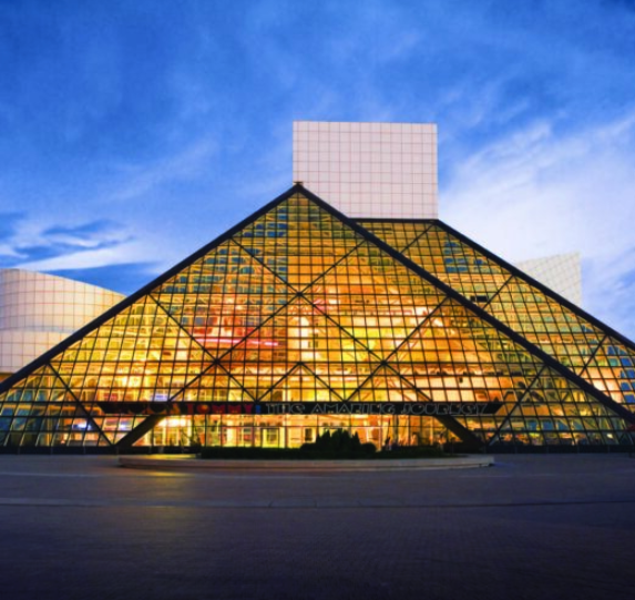 Cleveland's rock and roll hall of fame, pyramid building lit up