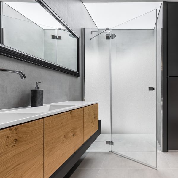 Modern bathroom with shower and frosted shower glass white