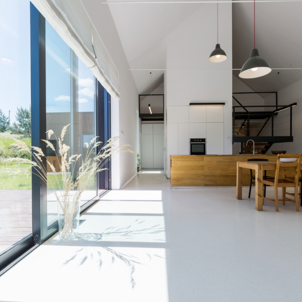 modern home kitchen with large glass windows