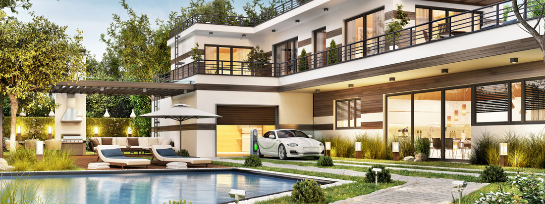 Modern house, with pool and car views