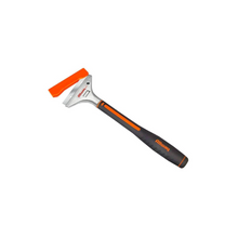 Metal scraper with extended handle blade, orange blade cover and orange and black grip handle. 