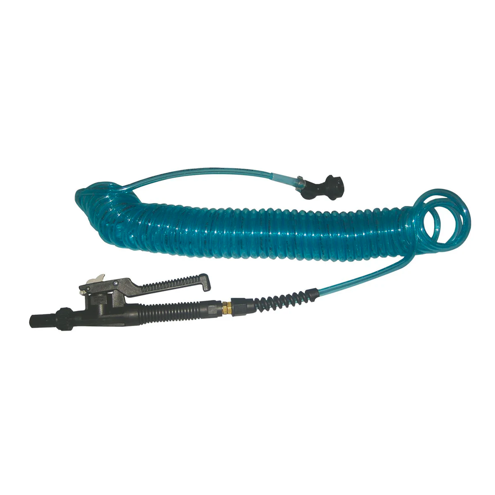 Blue coiled hose, black sprayer